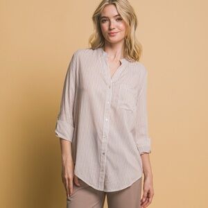 165 - Taupe Striped Long Sleeve Button up